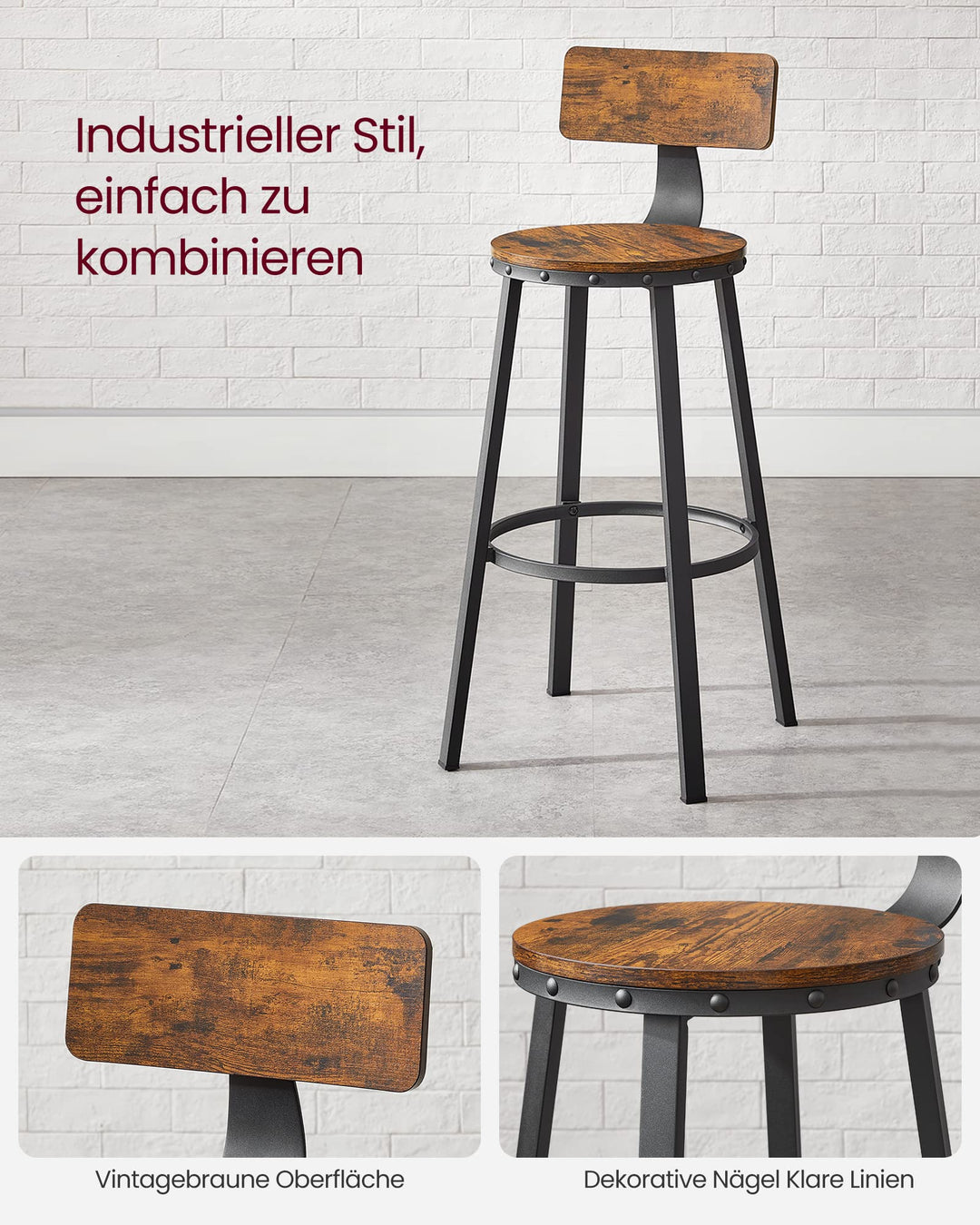 Barhocker 2er-Set Metall Industrie-Design Sitzhöhe 73 cm Vintagebraun - Bild 7