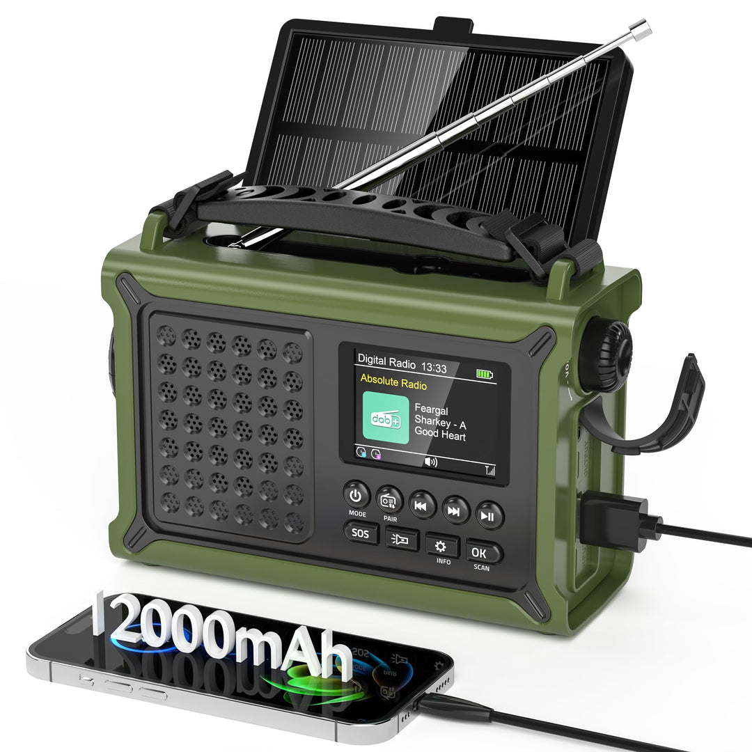 Kurbelradio DAB+/UKW Notfallradio 12000mAh Solar Bluetooth Taschenlampe