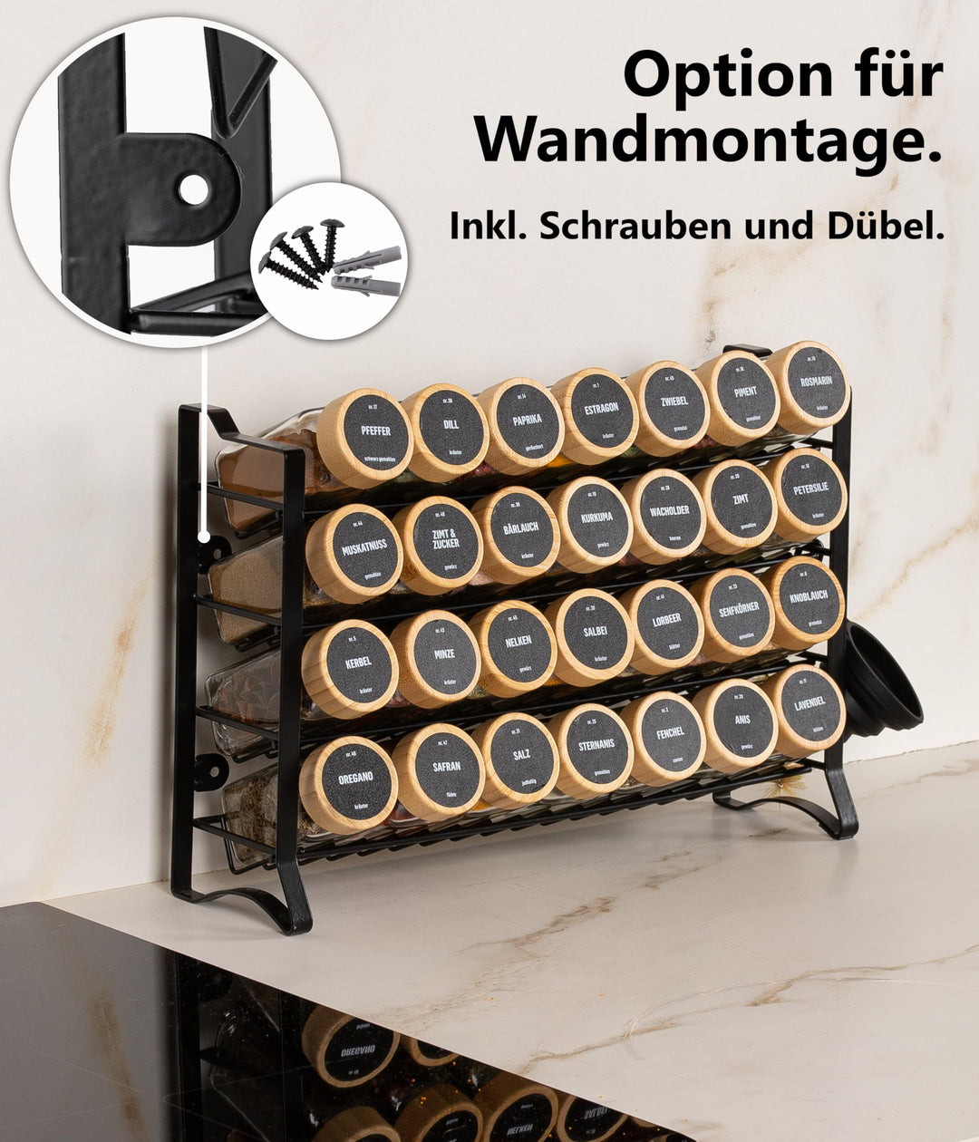 Gewürzregal stehend &amp; Wand 4-stöckig schwarz mit 28 Gläsern - Bild 5