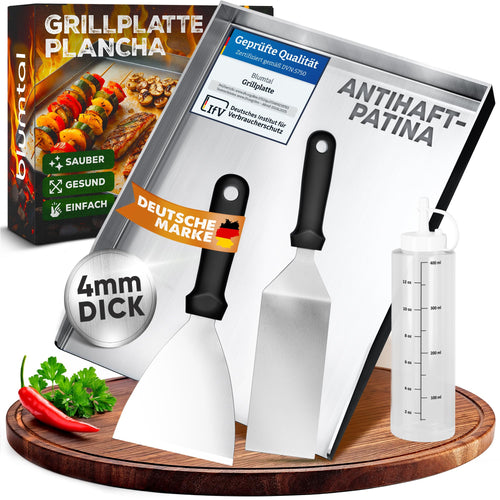 Plancha Grillplatte Edelstahl 30x40 cm mit Spachteln & Ölflasche