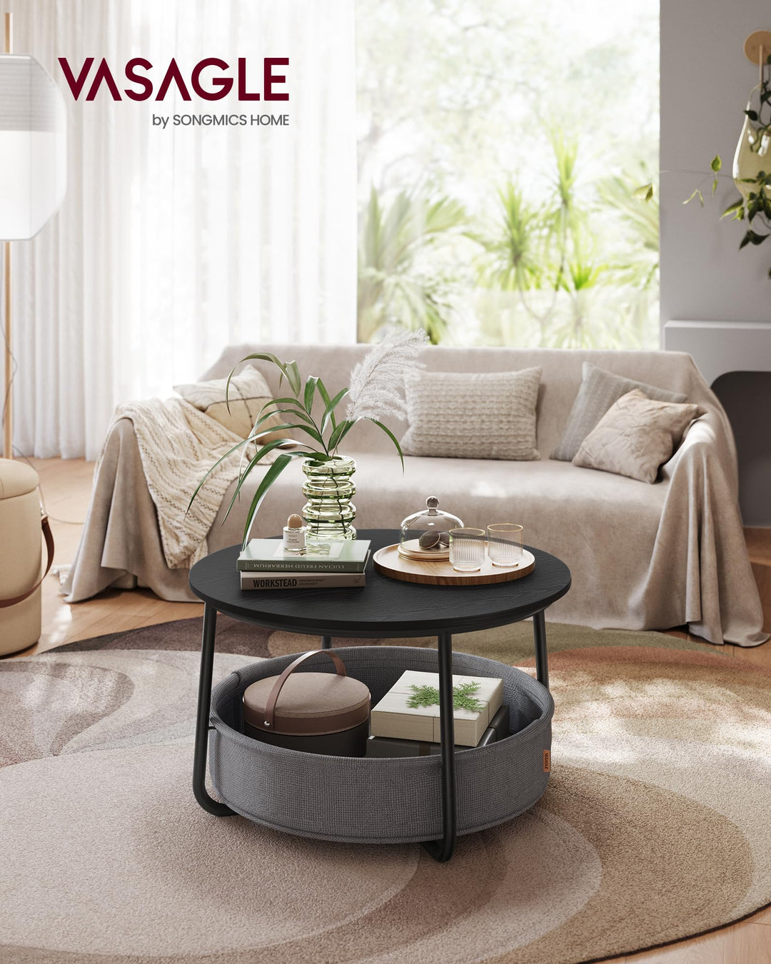 Couchtisch rund mit Stoffkorb 57,7 L Stahlrahmen Wohnzimmer - Bild 2