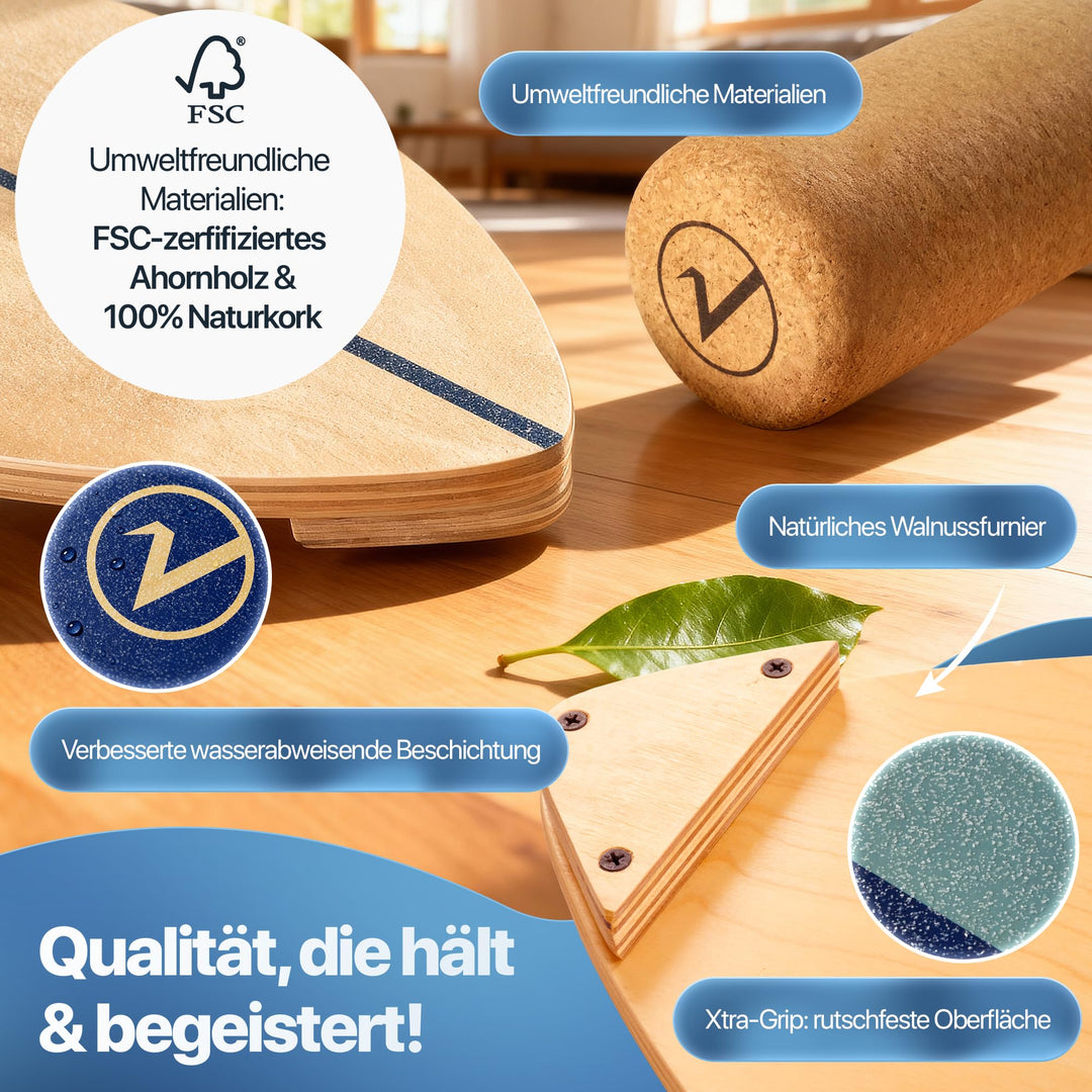 Balance Board Holz Surfboard-Form mit Korkrolle, Halterung &amp; Ball - Bild 5