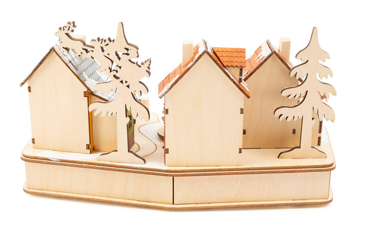 Weihnachtsdorf Holz mit Beleuchtung &amp; drehendem Tannenbaum 30x16x17cm - Bild 3