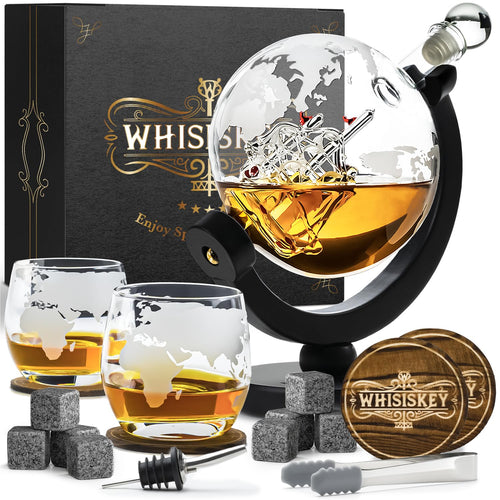 Whisky Karaffe Set Globus 900ml mit 2 Gläsern und Whiskysteinen