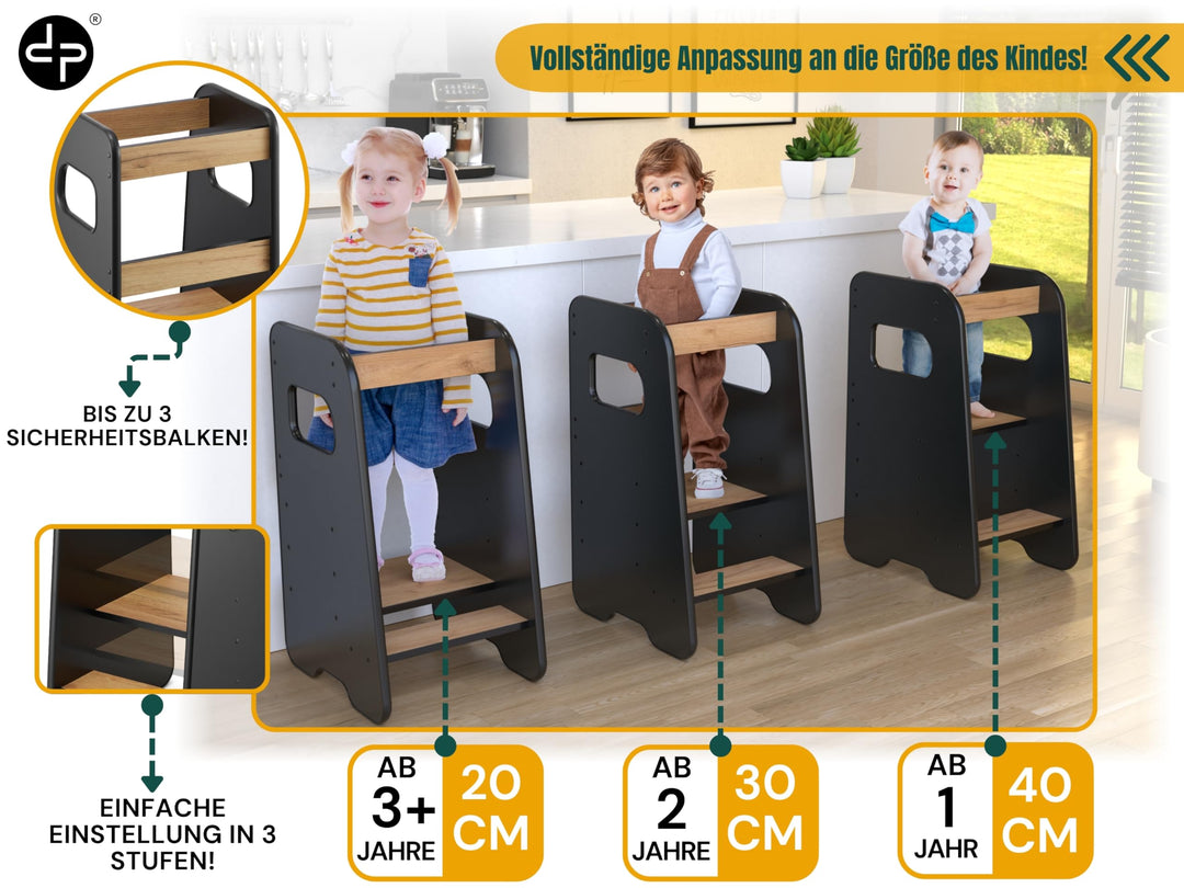 Lernturm Montessori 3-fach höhenverstellbar Holz ab 1 Jahr Schwarz/Eiche - Bild 5