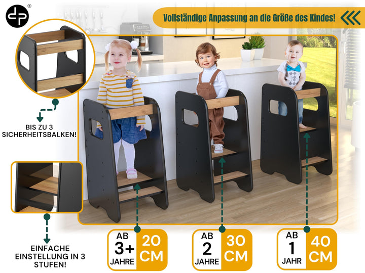 Lernturm Montessori 3-fach höhenverstellbar Holz ab 1 Jahr Schwarz/Eiche - Bild 5