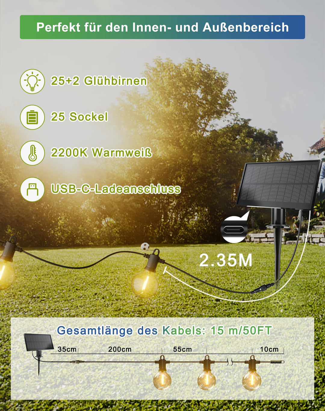 Solar Lichterkette Aussen 15 m mit 25 G40 Birnen Warmweiss IP65 - Bild 5