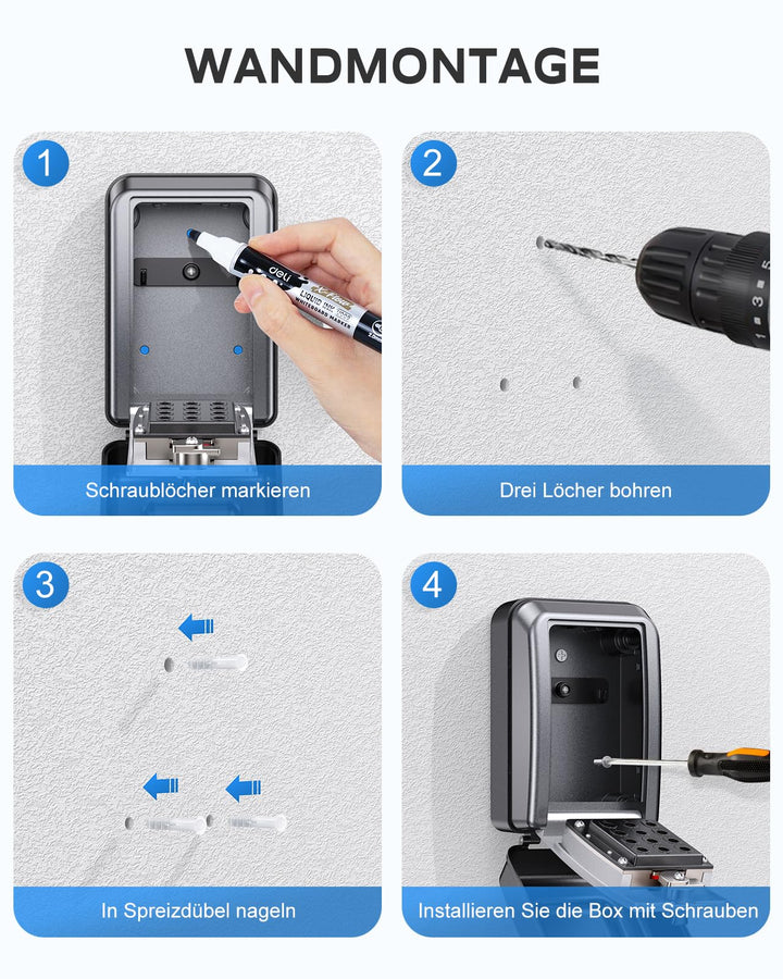 Schlüsseltresor Wandmontage Aluminium 12-stelliger Code für Aussen
