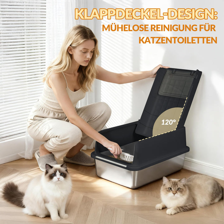 Katzentoilette Edelstahl XXL 3-in-1 mit Klappdeckel 60x40x38,5cm - Bild 2