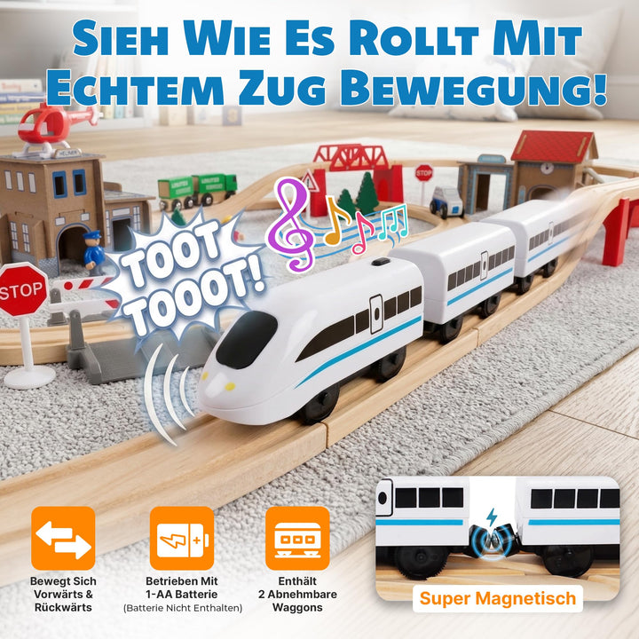 Holzeisenbahn Set 80 Teile elektrisch mit Polizeistation 378 cm - Bild 4