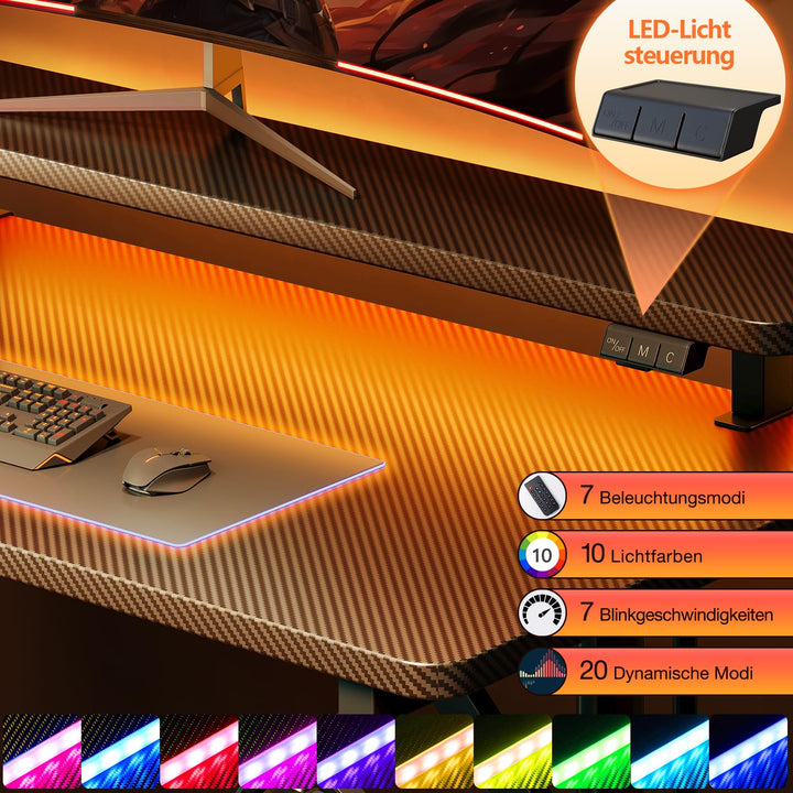 Gaming Schreibtisch mit LED-Lichtleiste 100 cm Carbon-Optik - Bild 7
