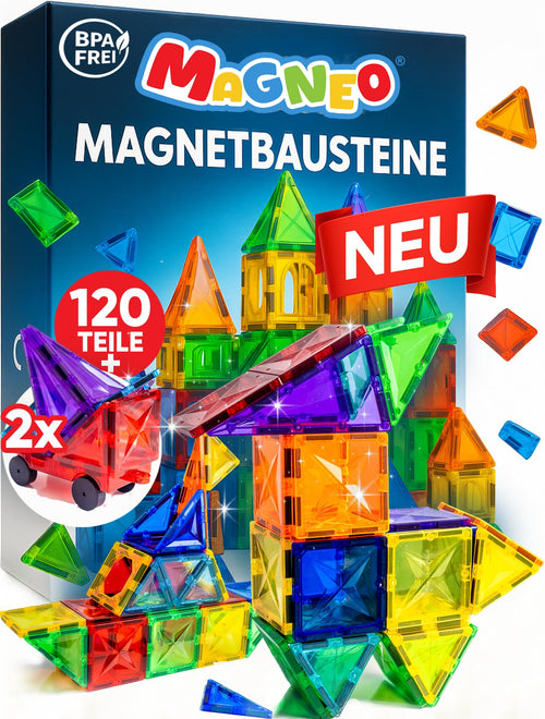 Magnetische Bausteine 120-teilig mit 2 Autos für Kinder ab 3 Jahren