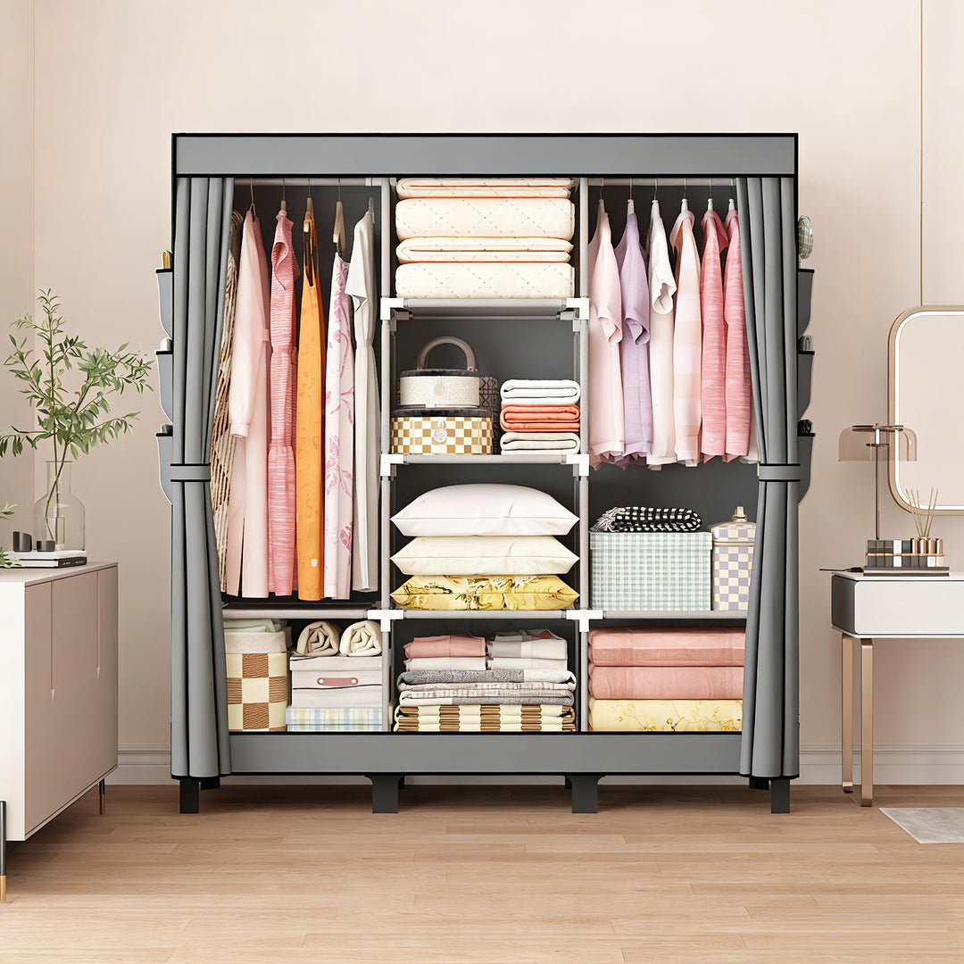 Kleiderschrank Stoff faltbar 130x45x172cm mit Kleiderstange Grau - Bild 2
