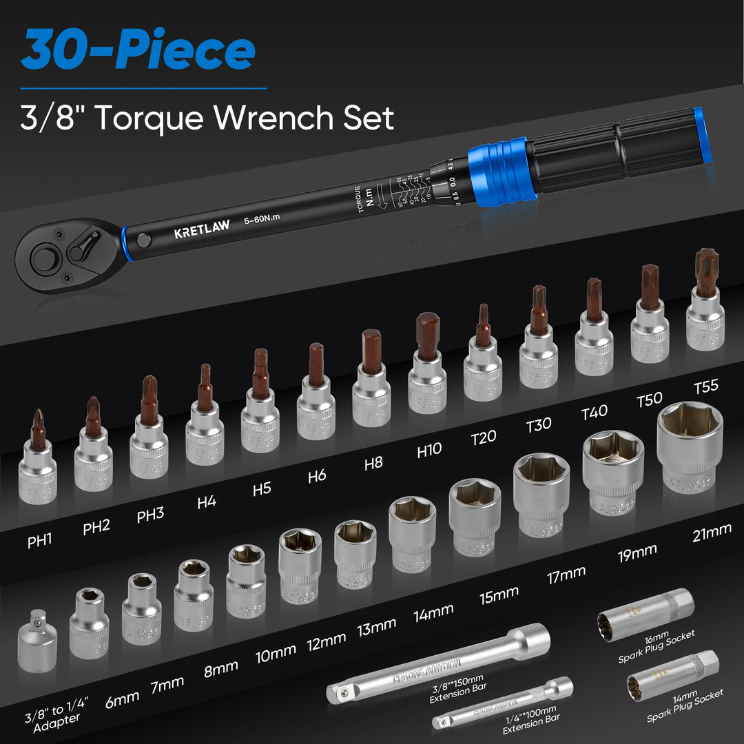 Drehmomentschlüssel Set 3/8" 30-teilig 5-60 Nm mit Stecknüssen - Bild 2