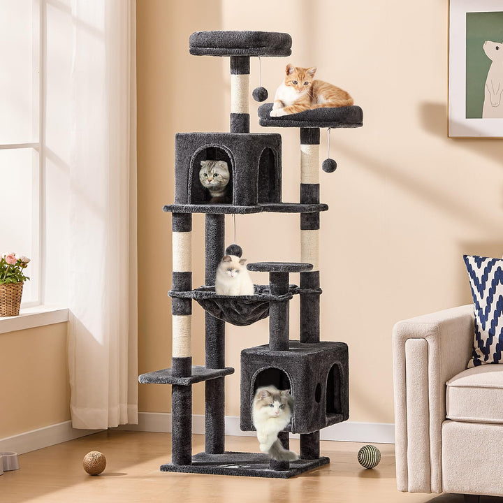 Kratzbaum 160 cm mit 2 Höhlen, Hängematte und Sisalsäulen für Katzen - Bild 2