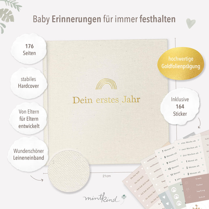 Babyalbum erstes Jahr Hardcover Beige Leinen 176 Seiten mit Sticker-Set - Bild 2