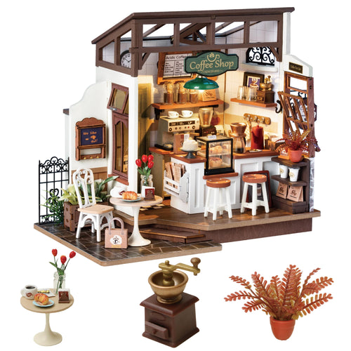 Miniaturhaus Bausatz Café Shop aus Holz mit Beleuchtung DIY