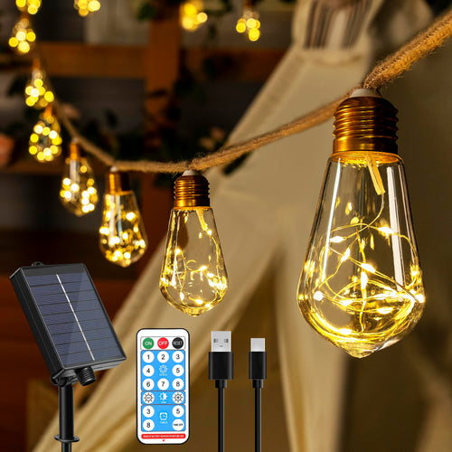 Solar Lichterkette Aussen 12m 24 Glühbirnen Warmweiss 8 Modi Timer