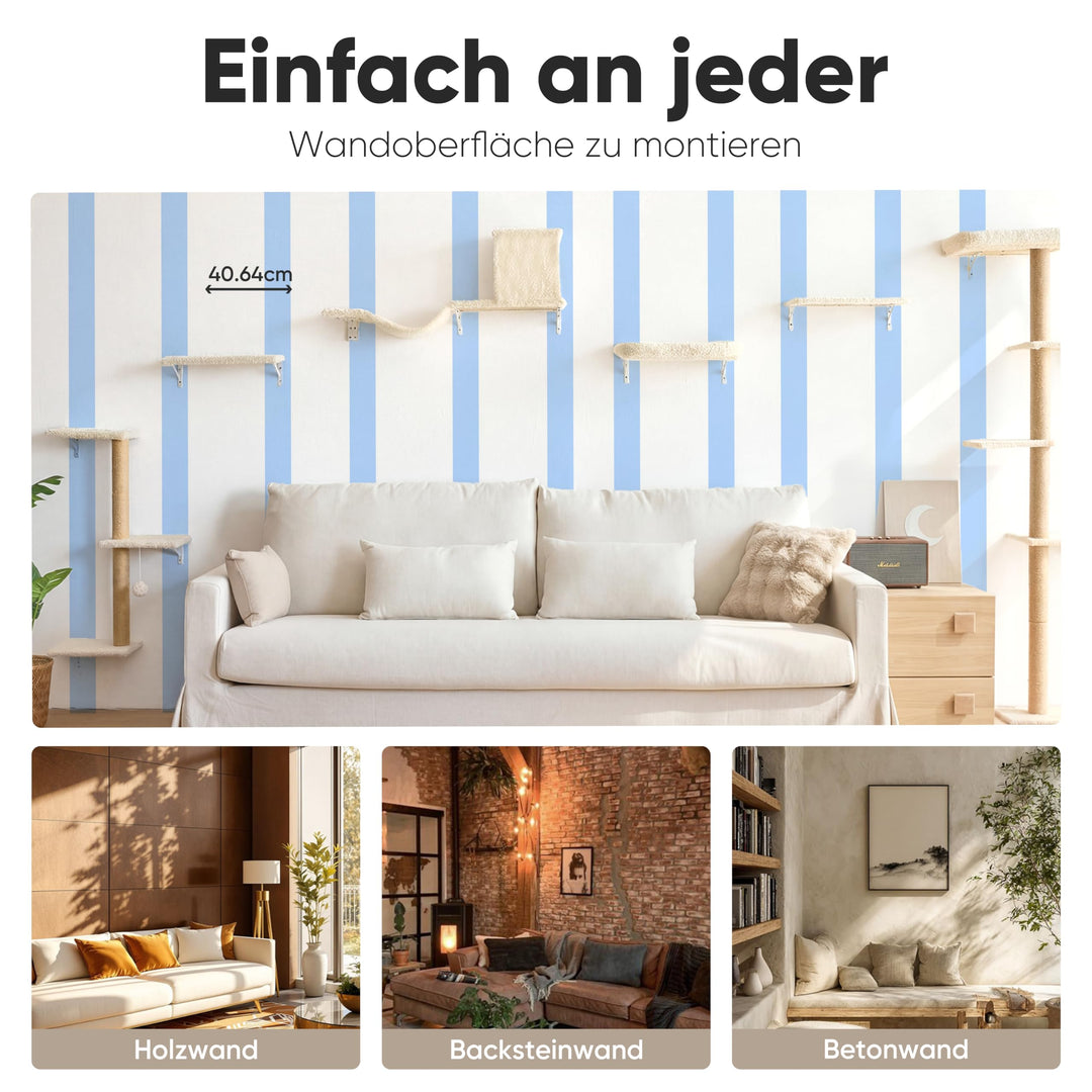Katzen Kletterwand Set 10-teilig Multiplexholz mit Hängematte beige