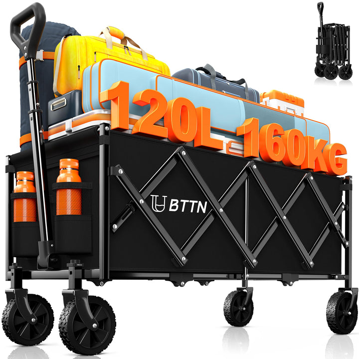 Bollerwagen faltbar 120L extra lang mit 360°-Rädern schwarz