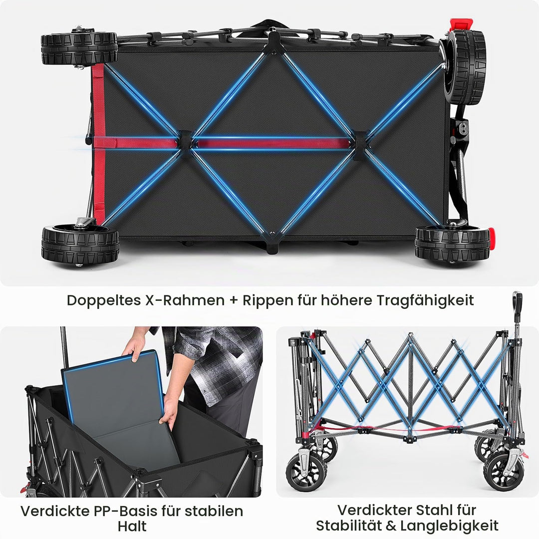 Bollerwagen faltbar 260L 250kg Tragkraft All-Terrain-Räder Schwarz - Bild 2