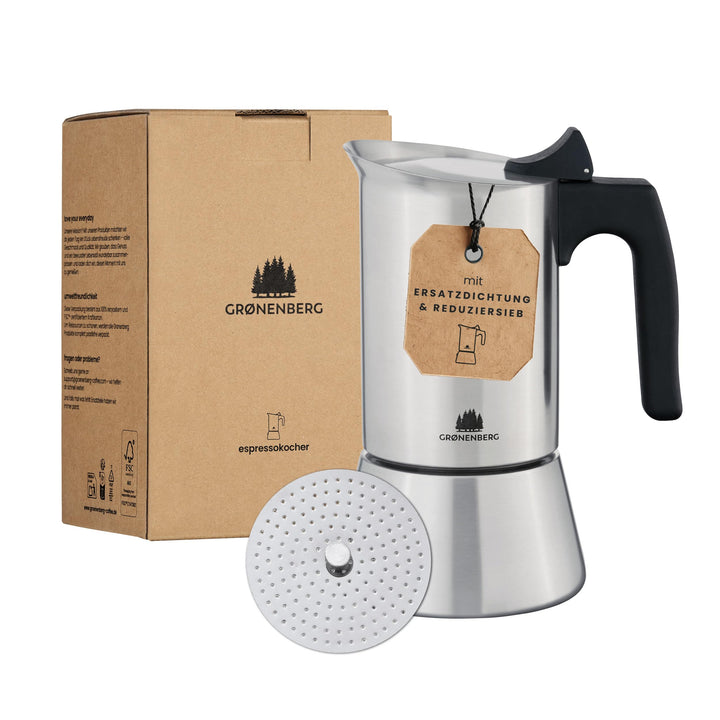 Espressokocher Induktion Edelstahl 4/6 Tassen mit Reduziersieb