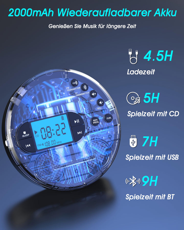 CD Player tragbar mit Bluetooth 5.3 und FM-Transmitter, LCD, 9h Akku - Bild 6