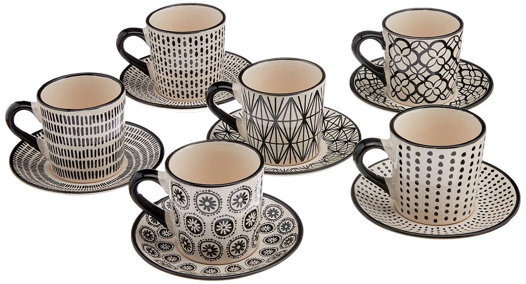 Espressotassen-Set 6-teilig Steingut schwarz/weiss verschiedene Dekore