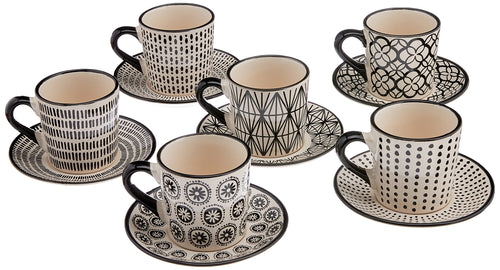 Espressotassen-Set 6-teilig Steingut schwarz/weiss verschiedene Dekore