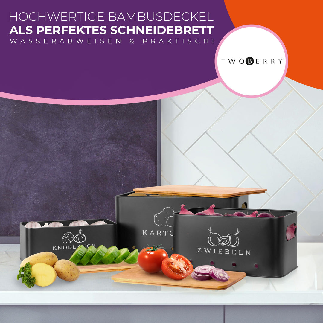 Gemüse Aufbewahrungsbox 3er Set mit Sparschäler, Stahl schwarz - Bild 6