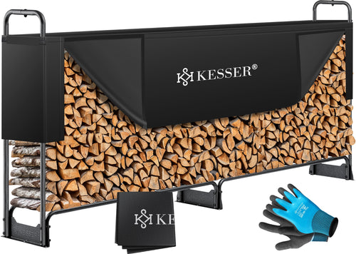 Kaminholzregal Stahl 260x36x117cm mit Abdeckung und Handschuhen