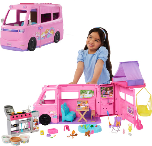 Barbie Camper Spielset rosa mit 7 Spielbereichen und 60+ Zubehörteilen