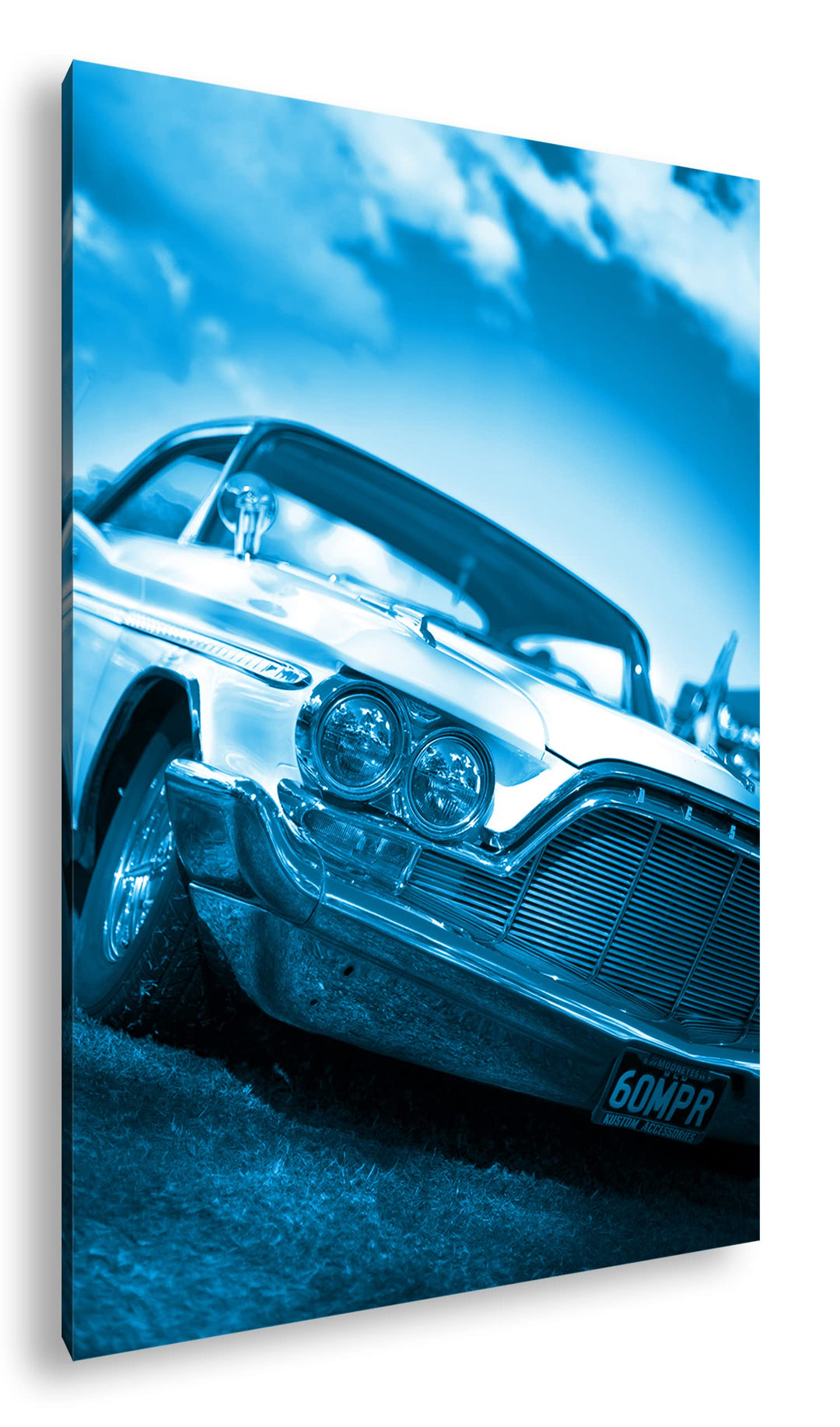 Leinwandbild Oldtimer Auto Monochrom Blau 80x60 cm Echtholzrahmen