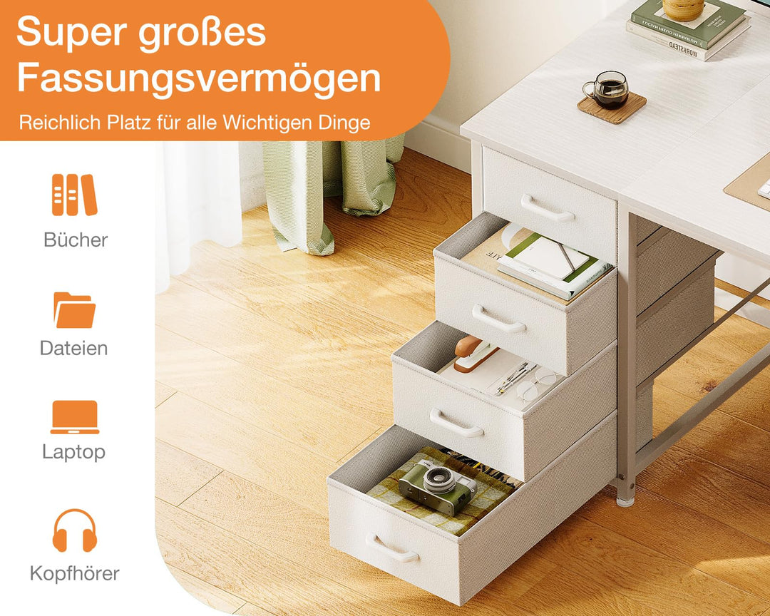 Schreibtisch mit 8 Stoffschubladen 120x48 cm Weiss