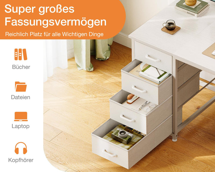 Schreibtisch mit 8 Stoffschubladen 120x48 cm Weiss