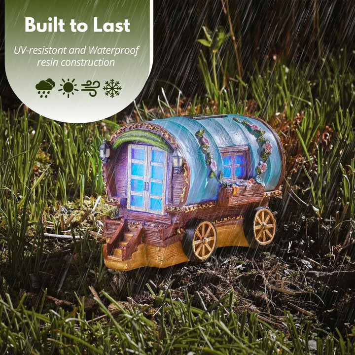 Solar Feenhaus Garten LED Deko Kunstharz wetterfest Zigeunerwagen - Bild 7