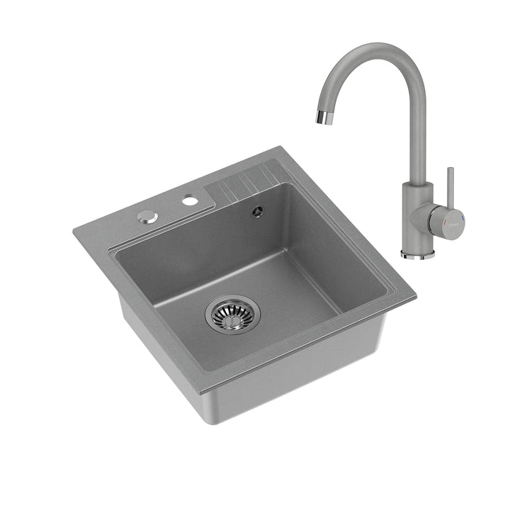 Einbauspüle Granit 52x50 cm Grau Einzelbecken mit Armatur und Siphon