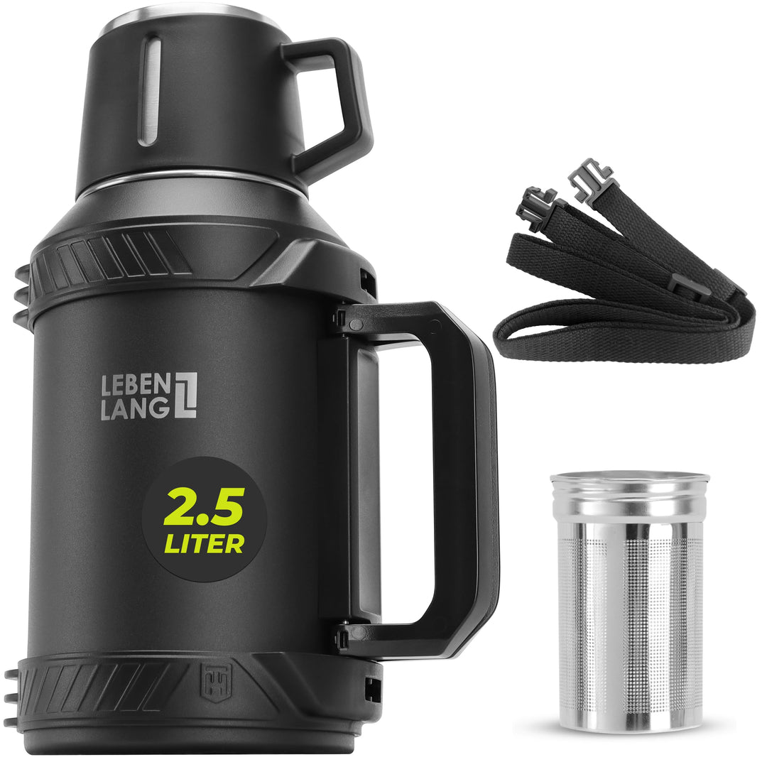 Thermosflasche 2,5 Liter Edelstahl mit Becher und Teesieb 24h