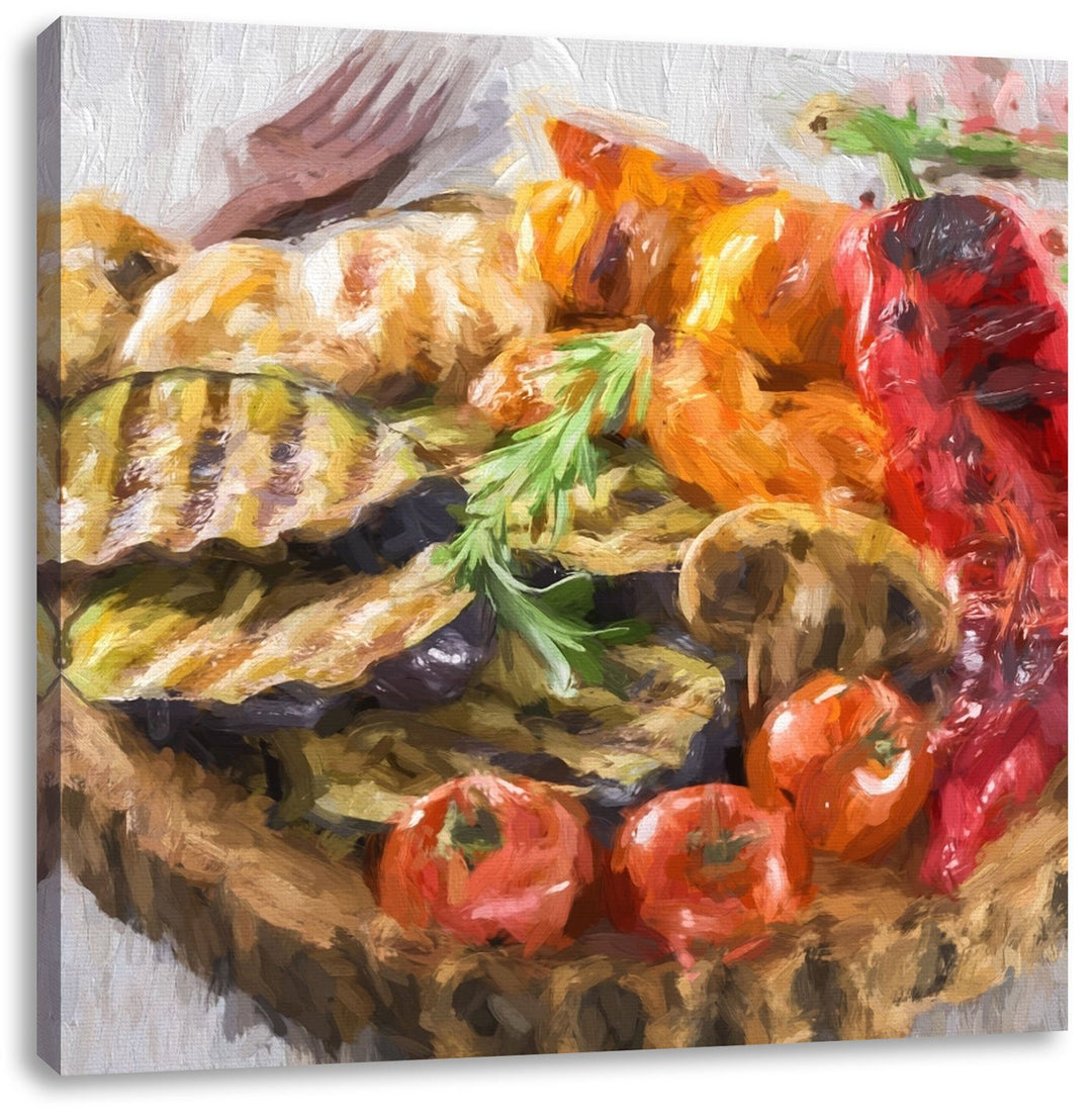 Leinwandbild Gegrilltes Gemüse auf Baumstammteller 70x70 cm quadratisch
