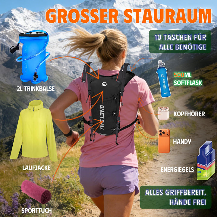 Laufweste mit 2L Trinkblase und 500ml Flasche, 10 Taschen, ultraleicht - Bild 2