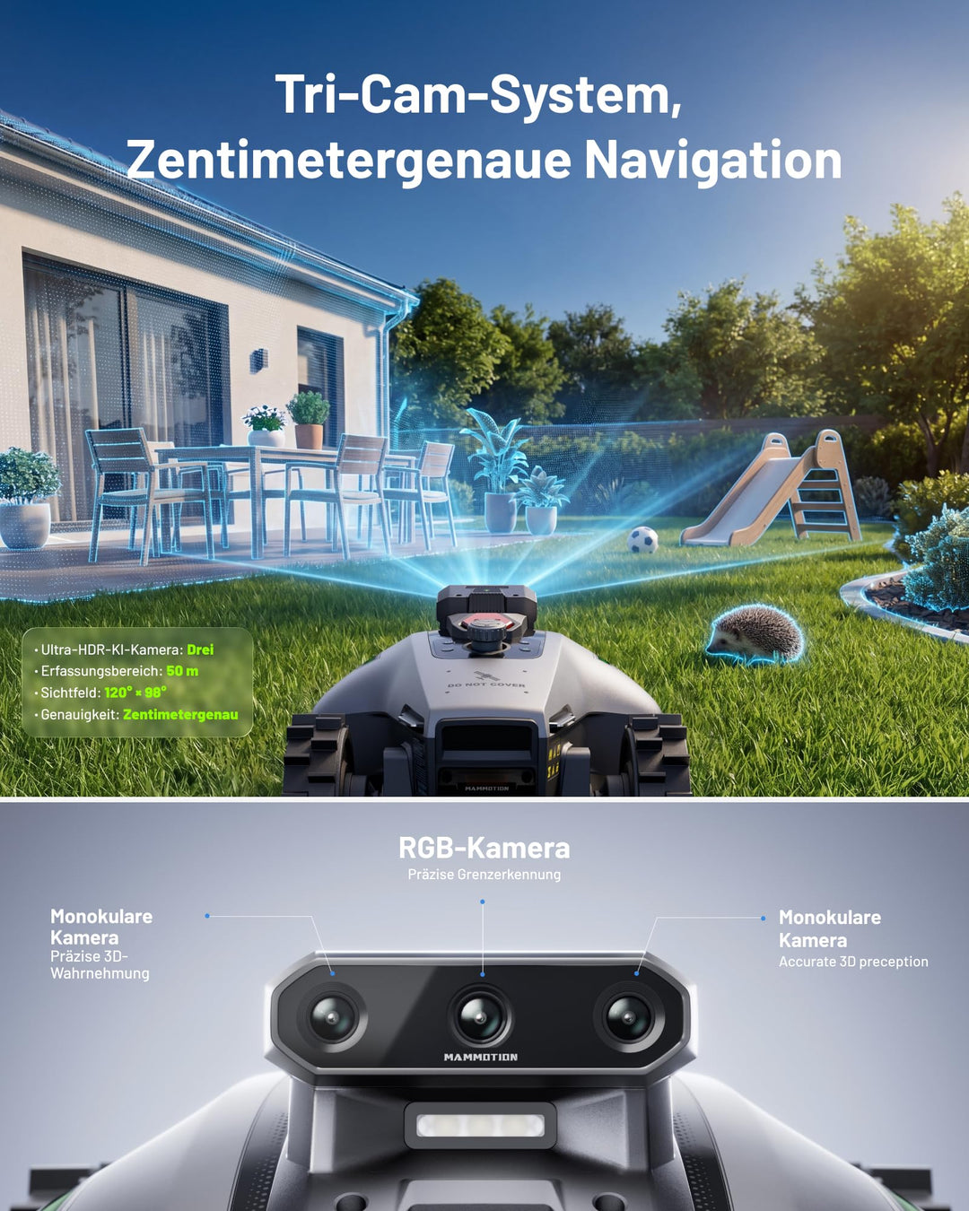 Mähroboter ohne Begrenzungskabel 3-Kamera KI bis 500 m² - Bild 2