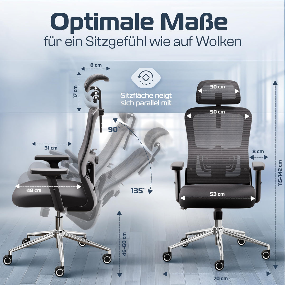 Bürostuhl Ergonomisch Mesh 2D-Armlehnen bis 150 kg bis 190 cm - Bild 2