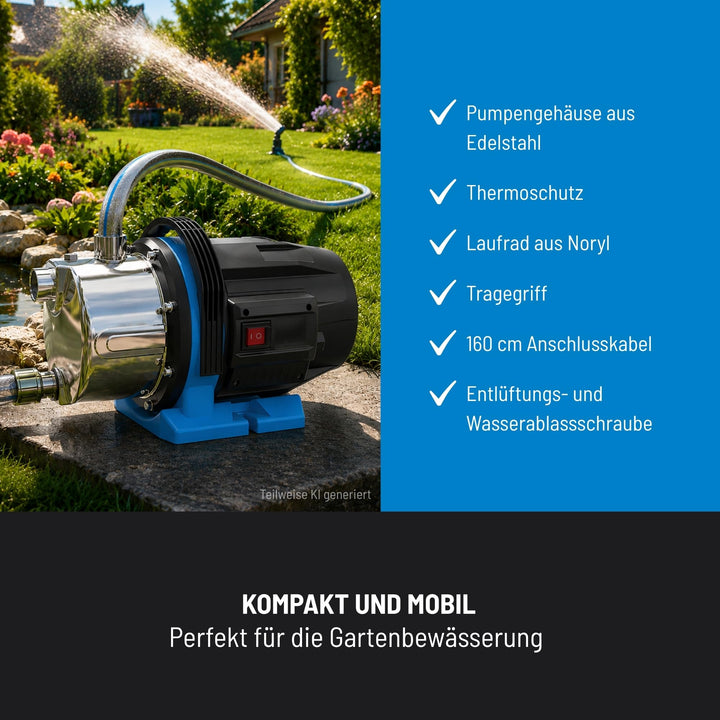 Gartenpumpe Edelstahl 1000 W 4500 l/h für Bewässerung und Teiche - Bild 5