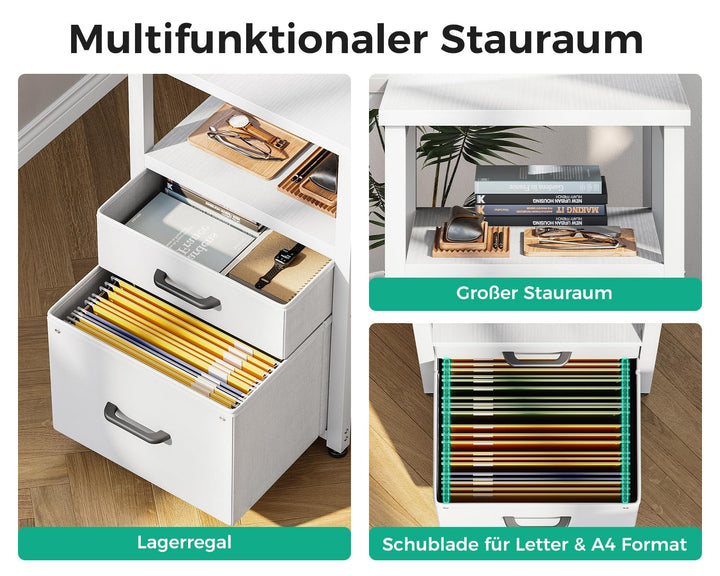Eckschreibtisch 140x80 cm mit Steckdose und 6 Schubladen, Weiss