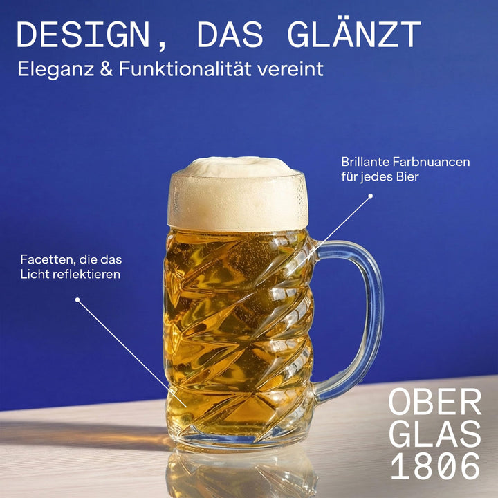 Bierkrug 1 Liter Facettendesign Glas spülmaschinenfest 6er-Set - Bild 5