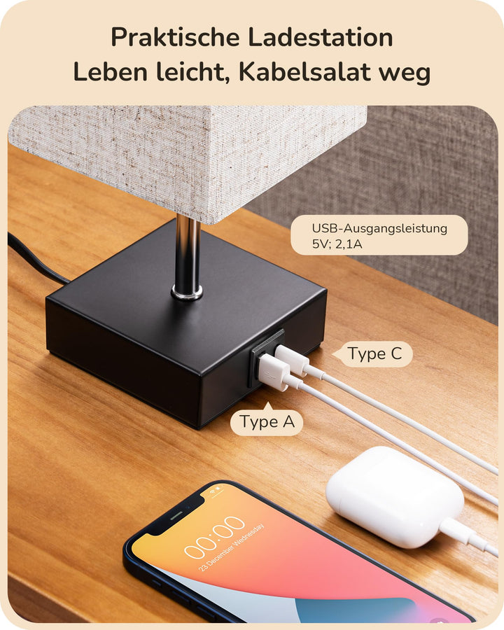 Nachttischlampe Touch-Dimmer 2er Set mit USB-A und USB-C Schwarz - Bild 3