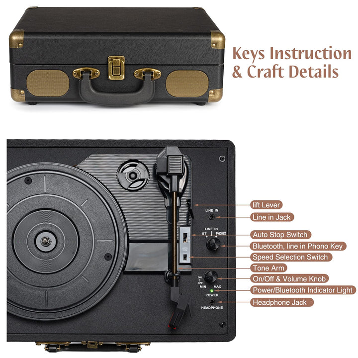 Plattenspieler Koffer 33/45/78 RPM Bluetooth mit eingebauten Lautsprechern - Bild 3