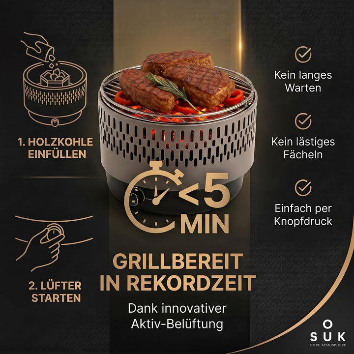 Tischgrill Holzkohle mit Aktivbelüftung und Lüfter, kompakt grau - Bild 3