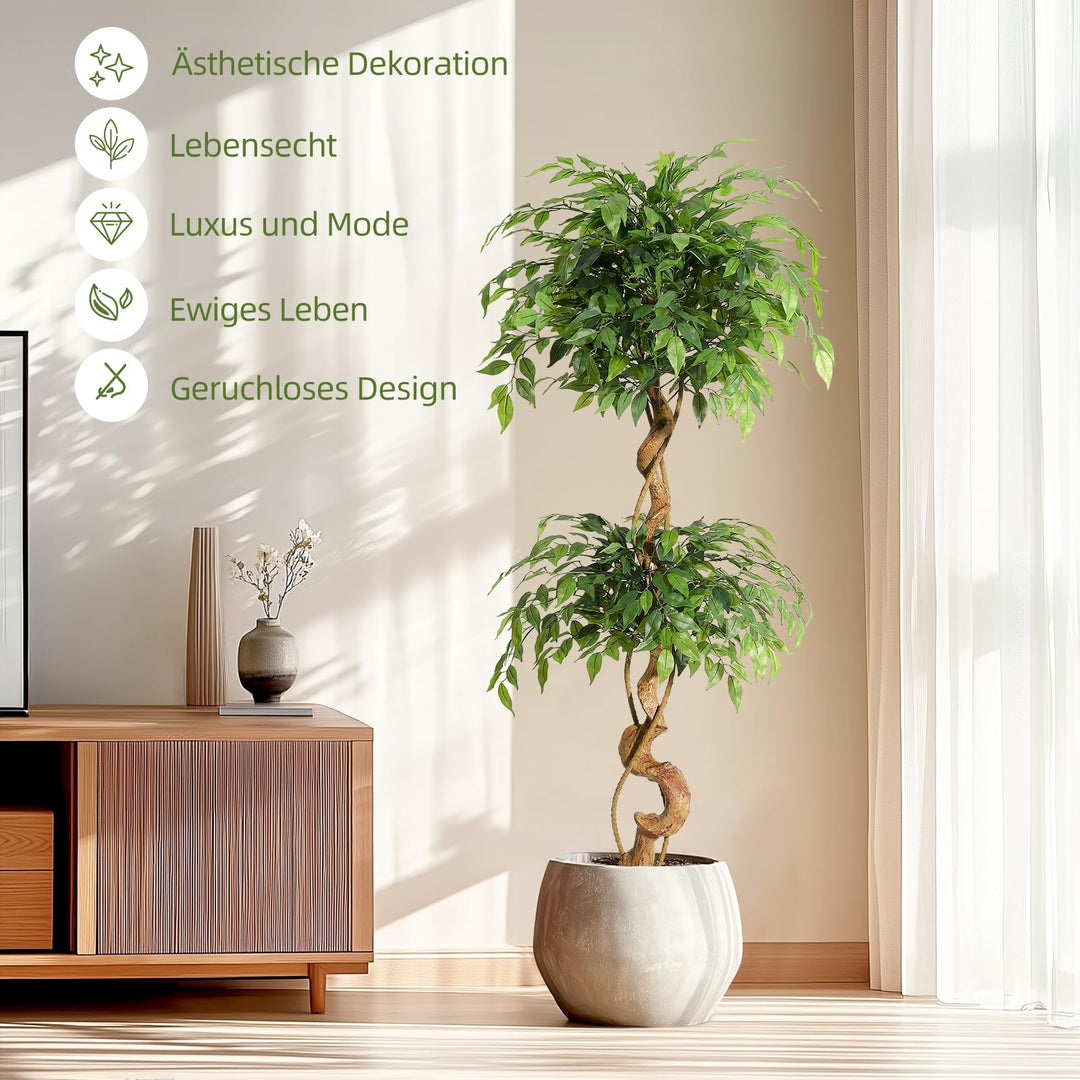 Kunstpflanze Ficus Baum 150 cm mit Seidenblättern im weissen Topf - Bild 3