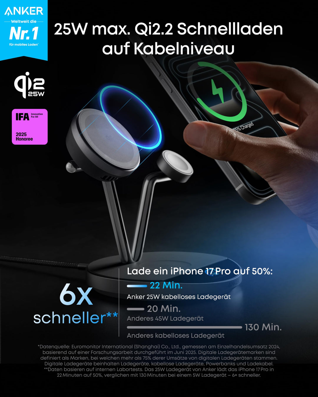 3-in-1 Ladestation Qi2 25W mit Display &amp; TEC-Aktivkühlung Schwarz - Bild 2